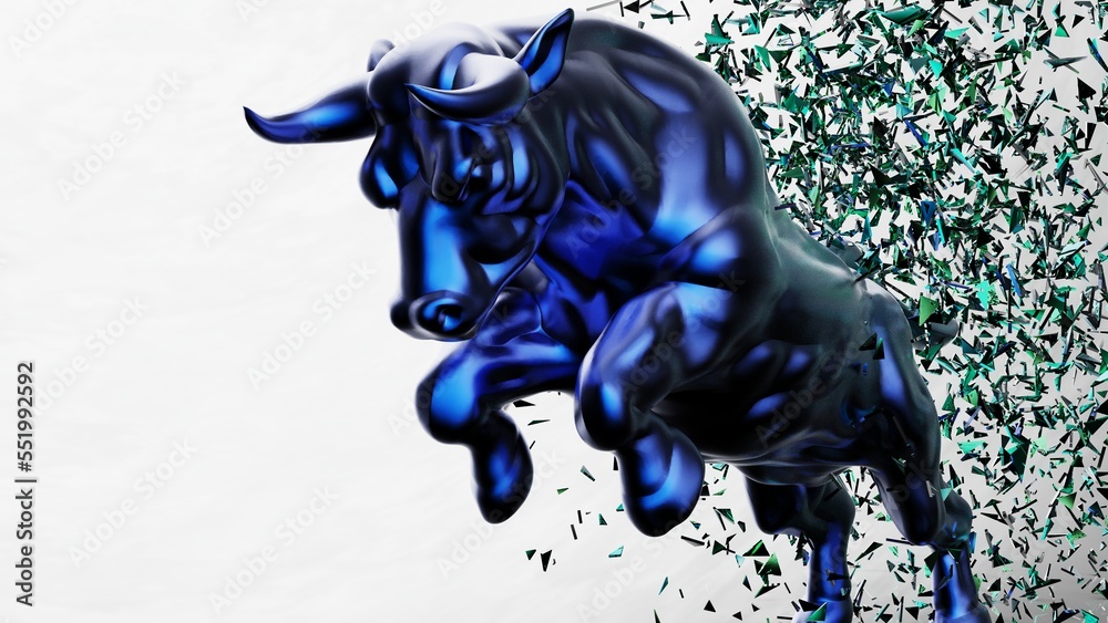 Fototapeta premium Metallic blue bull with green particles in dramatic contrasting light representing financial market trends under black-white background. Concept 3D CG of stock market.
