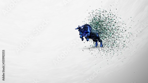 Metallic blue bull with green particles in dramatic contrasting light representing financial market trends under black-white background. Concept 3D CG of stock market.