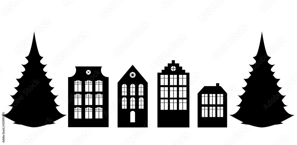 illustration of silhouettes of old town houses with fir trees