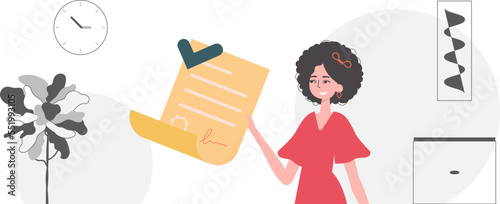 Data protection concept. Smart contract. The girl is holding a document.
