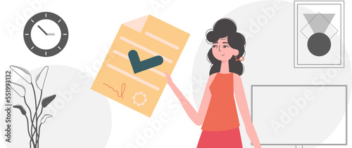 Data protection concept. Smart contract. The girl is holding a contract or a document.