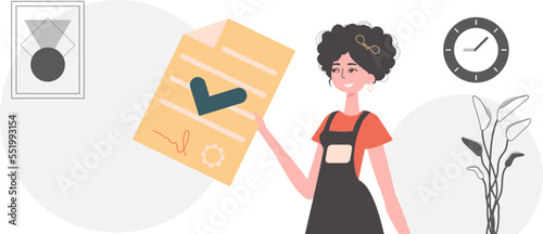 Data protection concept. Smart contract. The girl is holding a contract in her hand.