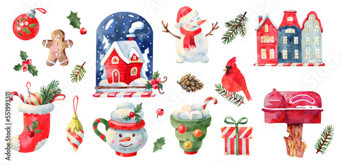Christmas watercolor clipart collection. Hand drawn illustration set