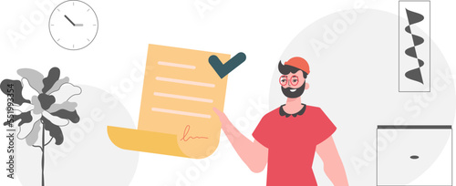 Smart contract concept. Data protection. A man is holding a contract or document.