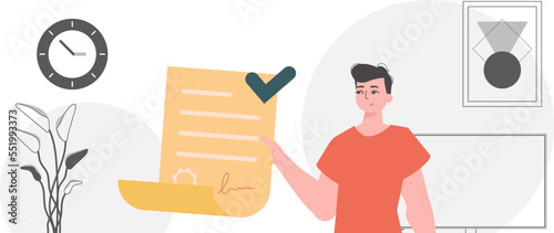 Smart contract concept. Data protection. A man holds a contract in his hand.