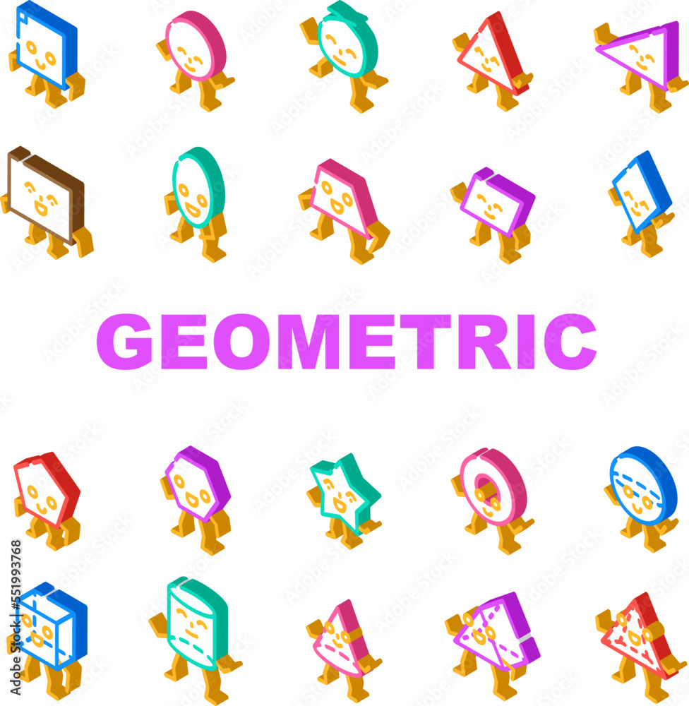 Fototapeta premium geometric shape funny icons set vector. face graphic, design square, circle triangle, flat trendy, rectangle style cute star geometric shape funny isometric sign illustrations