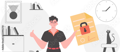 Data protection concept. Smart contract. A man holds a contract in his hand.