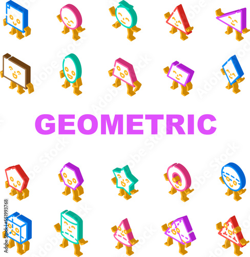 geometric shape funny icons set vector. face graphic, design square, circle triangle, flat trendy, rectangle style cute star geometric shape funny isometric sign illustrations