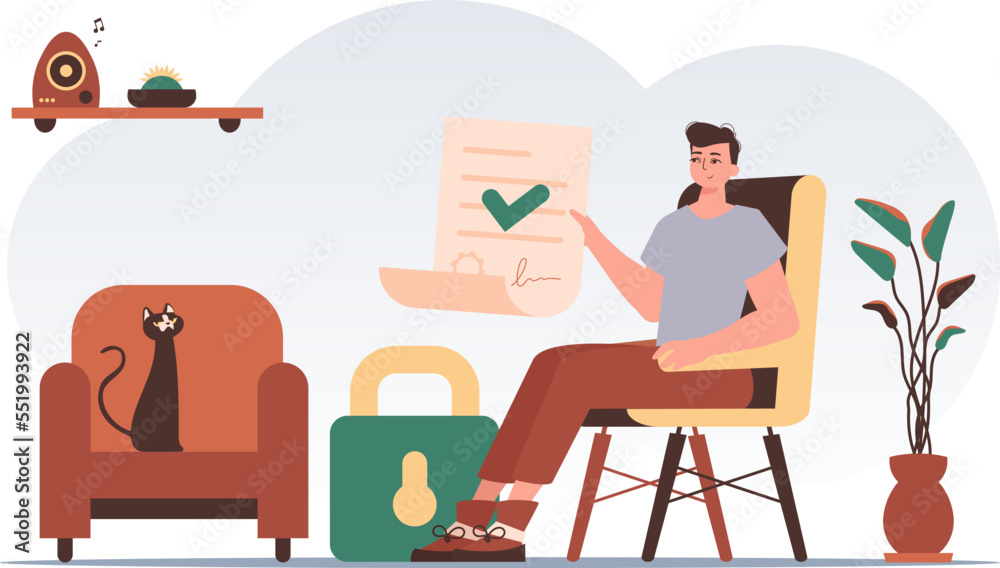 Smart contract concept. Data protection. A man sits in a chair and holds a document in his hands. Trend style character. Smart contract concept. Data protection. A man sits in a chair and holds a document in his hands. Trend style character.