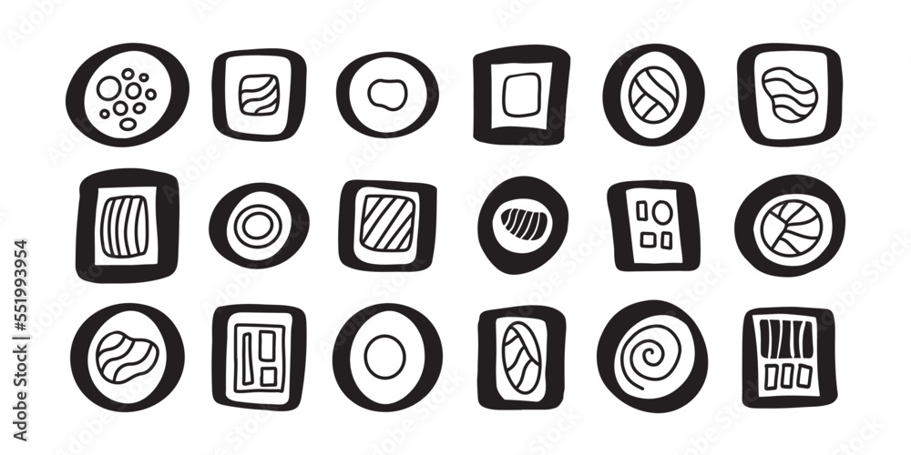 Set of hand drawn abstract geometric sushi doodle icons. Stylized different rolls. Asian food black and white outline contour line drawing clip art collection. Set of hand drawn abstract geometric sushi doodle icons. Stylized different rolls. Asian food black and white outline contour line drawing clip art collection.