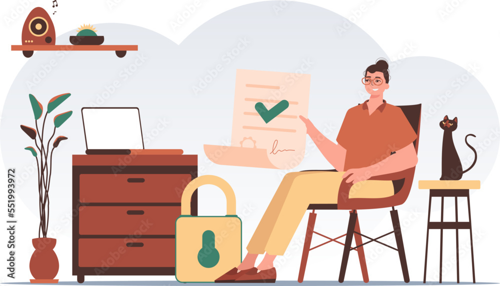 Smart contract concept. Data protection. A man sits in a chair and holds a document in his hands. Modern trendy style. Smart contract concept. Data protection. A man sits in a chair and holds a document in his hands. Modern trendy style.