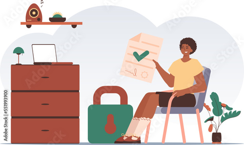 Smart contract concept. Data protection. A man sits in a chair and holds a document in his hands. Modern style character.