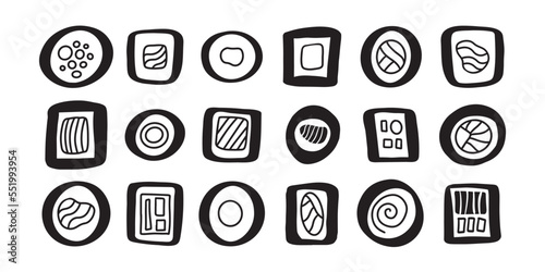 Set of hand drawn abstract geometric sushi doodle icons. Stylized different rolls. Asian food black and white outline contour line drawing clip art collection.