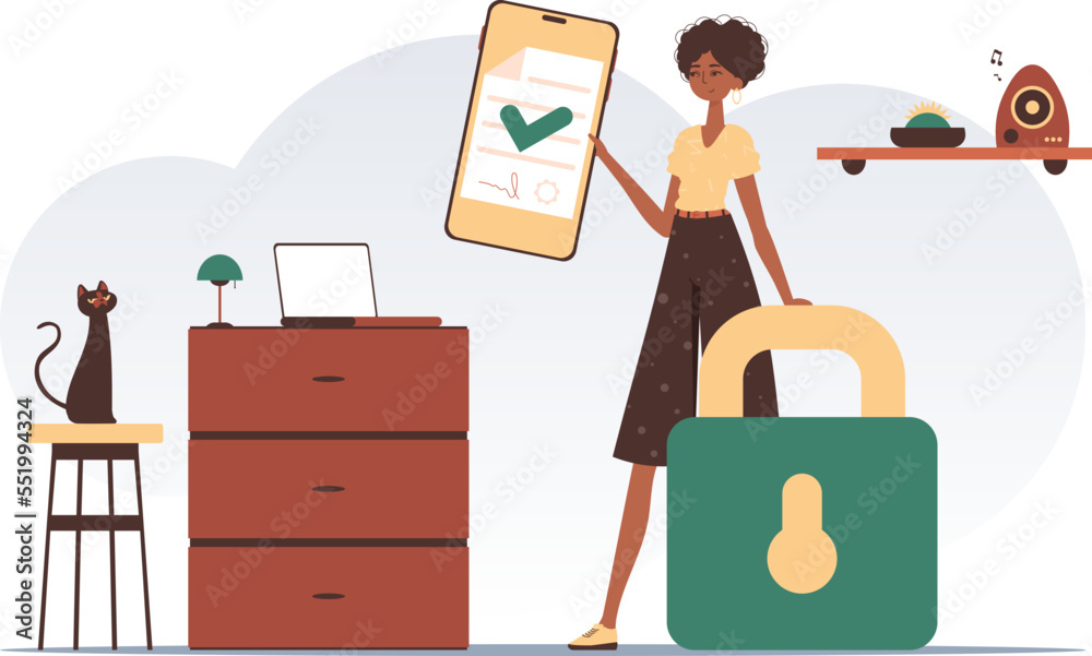 Smart contract concept. Data protection. The girl is holding a document. Modern style character. Smart contract concept. Data protection. The girl is holding a document. Modern style character.