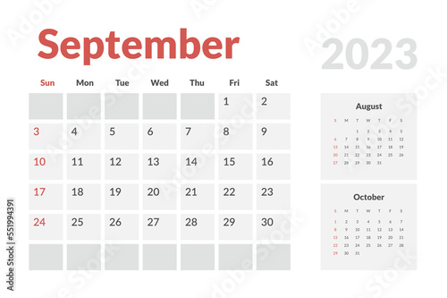 Monthly Calendar Template of september 2023. Vector simple gray grid layout for wall or desk calendar with week start on Monday for print