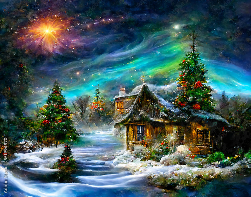 Fantasy cottage in winter snow landscape with northern lights on sky. Generative AI
