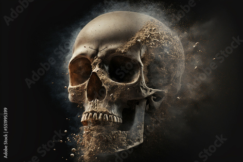 Abstract, surreal, creepy skull turning in dust.Halloween concept. Digital art