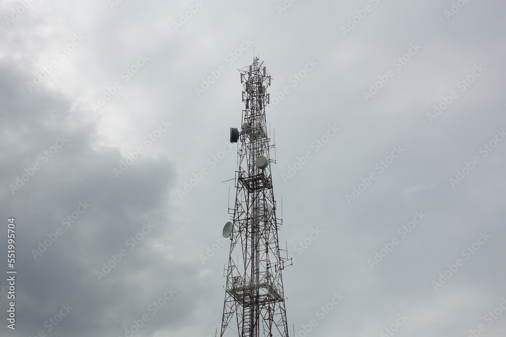 Microwave antenna tower.Rain falls close