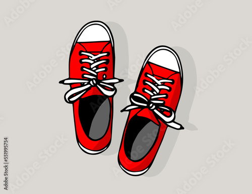 Vector illustration of red retro sneakers on light color background. Design of vintage footwear