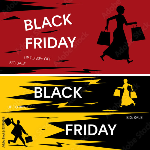 Set of Black friday sale banner with hurry shopper silhouette
