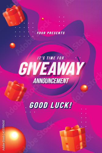 Giveaway banner, calling to repost if like. Enter to win web banner with gift box with prize to winner. Template design for social media posts, flyer. Offer reward in contest, vector illustration.