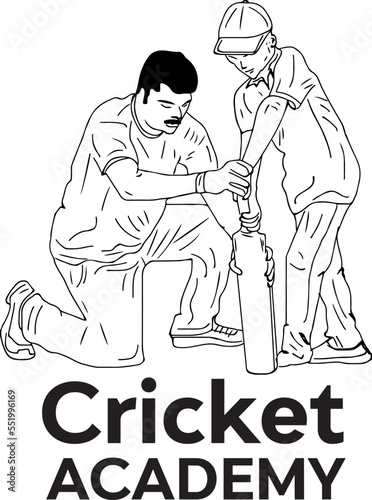 cricket academy logo, cricket coaching monogram and emblem, Sketch drawing of cricket coach giving coaching and tips to young player, illustration cricket batsman silhouette