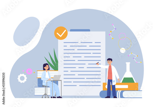 Scientists doing research in laboratory. Man with chemical equipment and books having experiment. Woman writing in laptop
