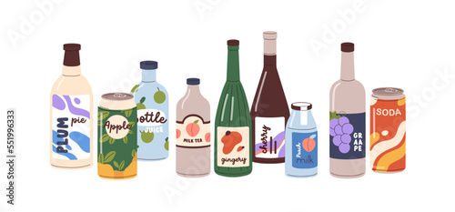 Drinks in glass bottles, aluminum cans. Soda, lemonades, fruit flavored beverages, carbonated sparkling water, cold summer refreshments. Flat vector illustration isolated on white background