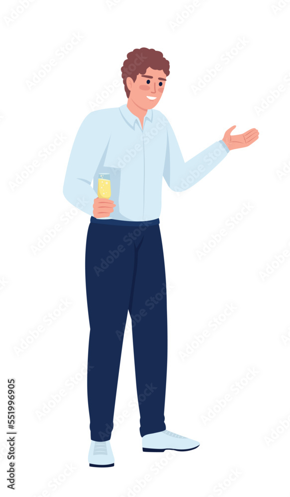 Male speech giver with sparkling wine glass semi flat color vector character. Editable figure. Full body person on white. Simple cartoon style illustration for web graphic design and animation Male speech giver with sparkling wine glass semi flat color vector character. Editable figure. Full body person on white. Simple cartoon style illustration for web graphic design and animation