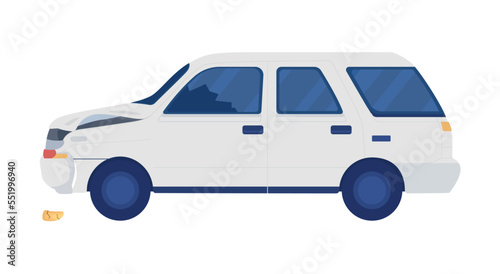 Broken auto after collision semi flat color vector object. Car accident on road. Editable item. Full sized element on white. Simple cartoon style illustration for web graphic design and animation