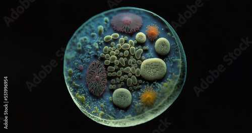 Microscope view of different microbes, antibiotic resistance concept 3d rendering photo