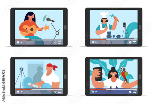 Video bloggers online streaming. Young people having vlogs. Girls playing guitar, cooking or having lifestyle blog