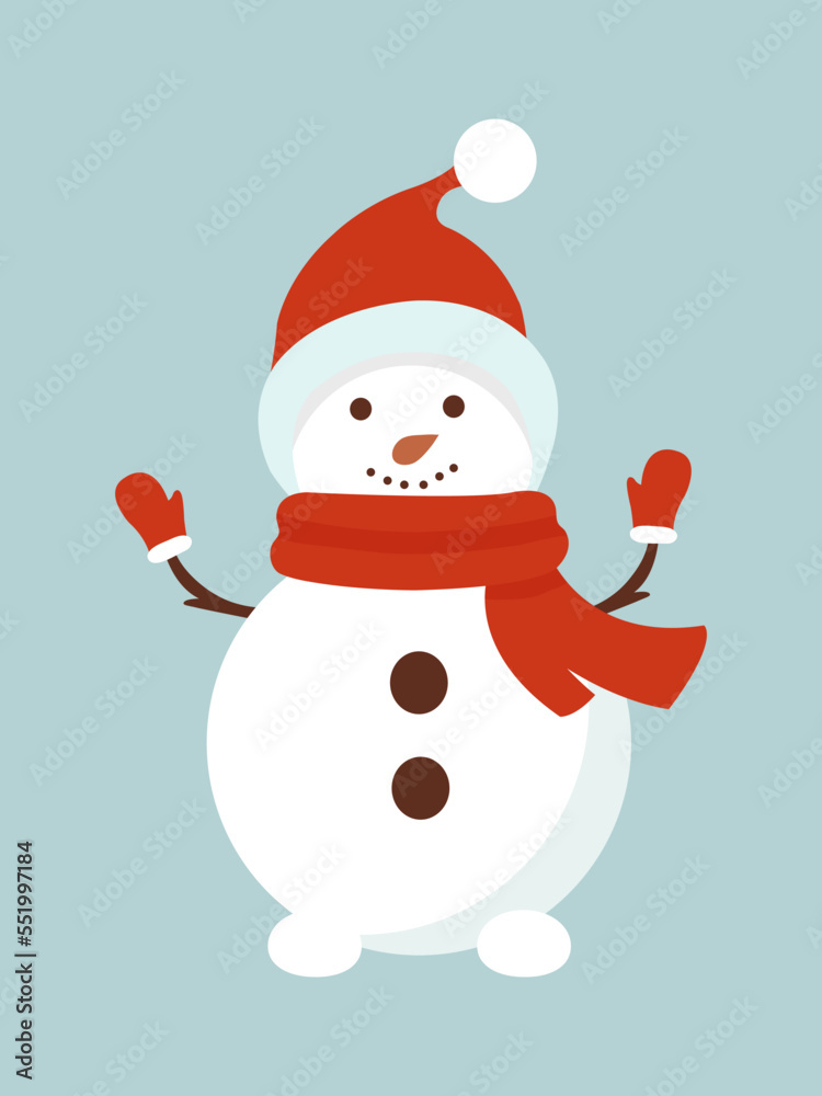 Snowman. Holiday cartoon character in winter season. Vector illustration