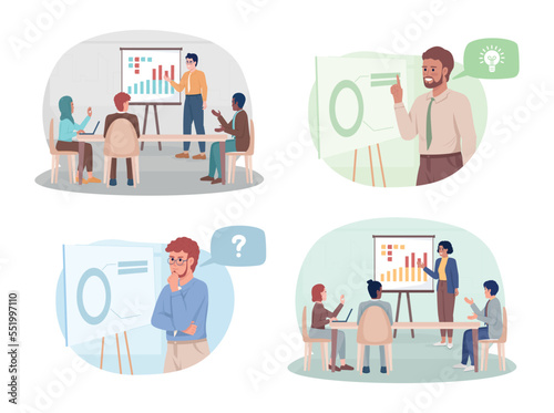 Presentation of business strategy 2D vector isolated illustrations set. Corporate planning flat characters on cartoon background. Colorful editable scenes collection for mobile, website, presentation