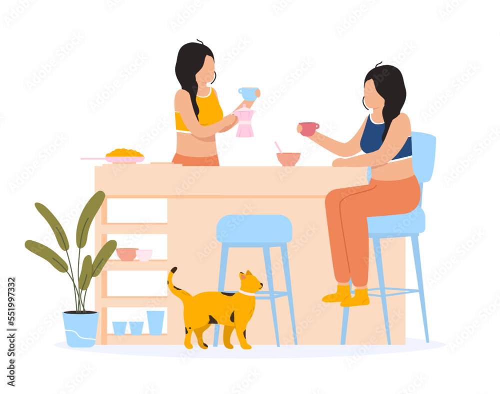 Women friends chatting at breakfast at home. Young female characters sitting at table in kitchen and drinking cup of coffee