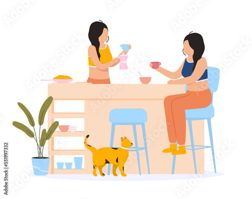 Women friends chatting at breakfast at home. Young female characters sitting at table in kitchen and drinking cup of coffee