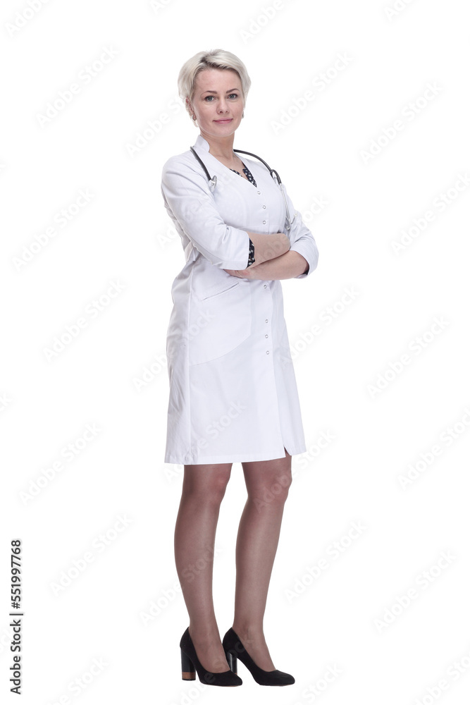 young woman doctor looking at you . isolated on a white background. young woman doctor looking at you . isolated on a white background.