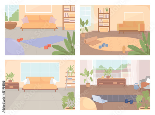 Home gym for exercising flat color vector illustrations set. Place for domestic sports training. Fully editable 2D simple cartoon interiors collection with living rooms on background