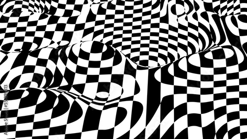 The optical wave of the chessboard. Abstract black and white 3D illusion. Distorted black lines. Broken patterns. Vector illustration. EPS1