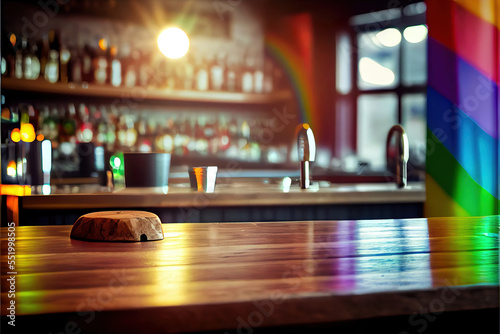 miami bar background with empty wooden table for product display, indoor blurred background, colorful rainbow color bokeh lights, copy space, LGBT Pride. Rainbow flag, symbol gays and lesbians LGBT, L