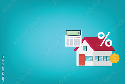 Mortgage and home buying concept. Calculator, coin and percent symbol with house icon.