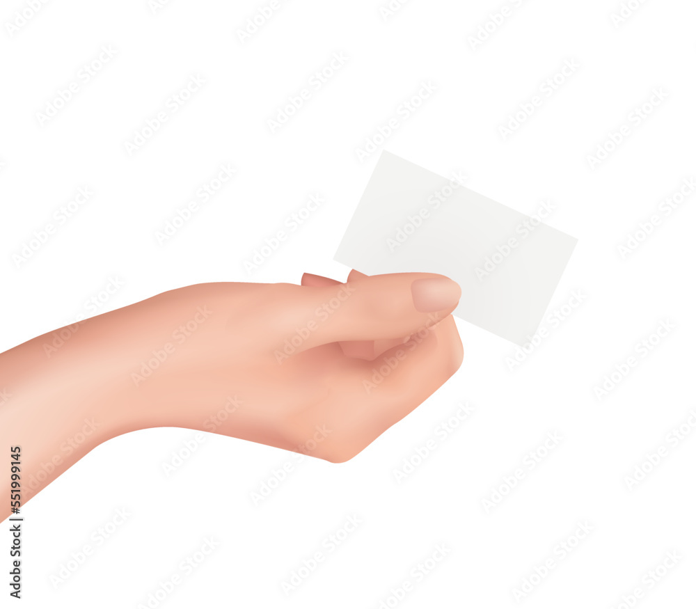 Business card in hand. Businessman holding white blank template of financial banking debit card people nfs paying card sample, vector realistic illustration of female hand. Woman wrist with manicure. Business card in hand. Businessman holding white blank template of financial banking debit card people nfs paying card sample, vector realistic illustration of female hand. Woman wrist with manicure.