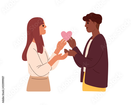 Love couple of mixed different race. Interracial man and woman in romantic relationship. Happy biracial partners, wife and husband. Flat graphic vector illustration isolated on white background