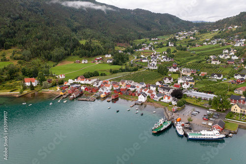 aerial view of boats in the harbor of sogndal Norway