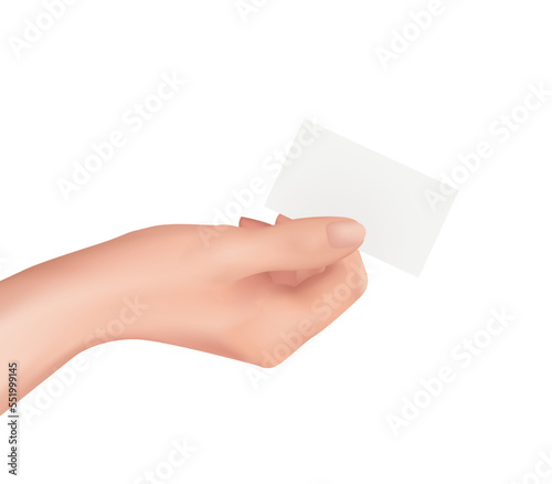Business card in hand. Businessman holding white blank template of financial banking debit card people nfs paying card sample, vector realistic illustration of female hand. Woman wrist with manicure.