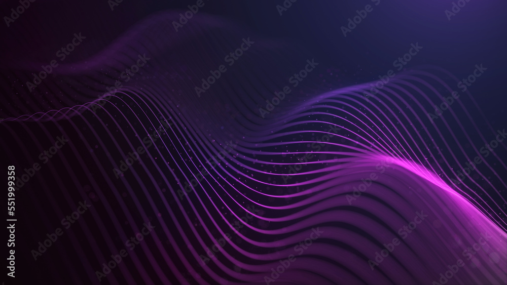 Futuristic musical wave of purple lines. Digital data flow. The concept of big data. Network connection. Cybernetics and technology. Abstract dark background. 3d rendering. Futuristic musical wave of purple lines. Digital data flow. The concept of big data. Network connection. Cybernetics and technology. Abstract dark background. 3d rendering.