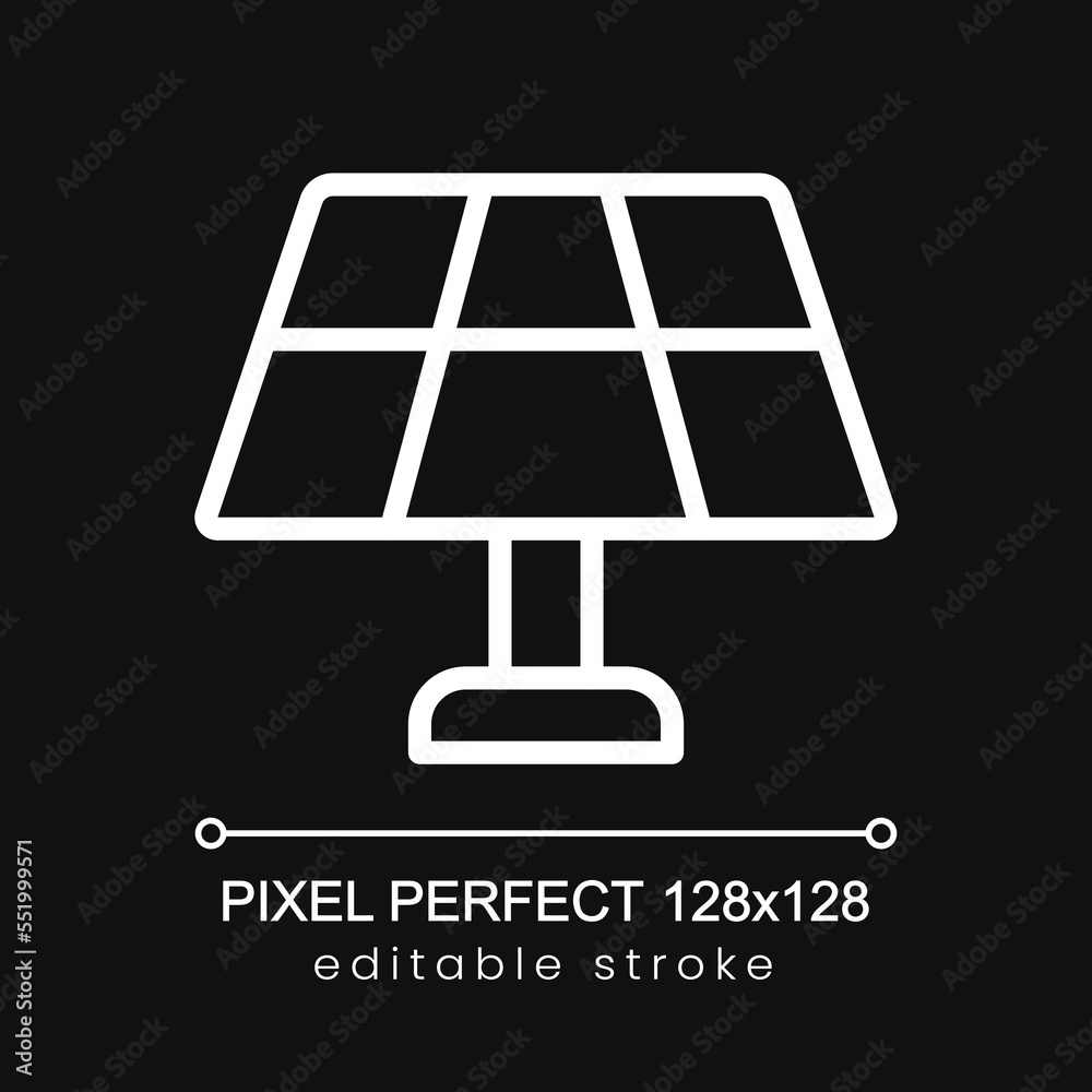Solar panel pixel perfect white linear icon for dark theme. Renewable ...