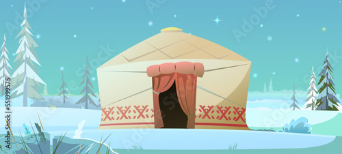 Yurt in tundra. Winter night landscape. Dwelling of northern nomadic peoples in Arctic. From felt and skins. illustration vector.
