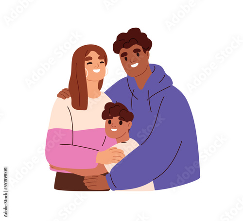 Happy interracial mixed family portrait with parents and child. International mother, father, kid. Biracial couple, mom and dad with son. Flat vector illustration isolated on white background