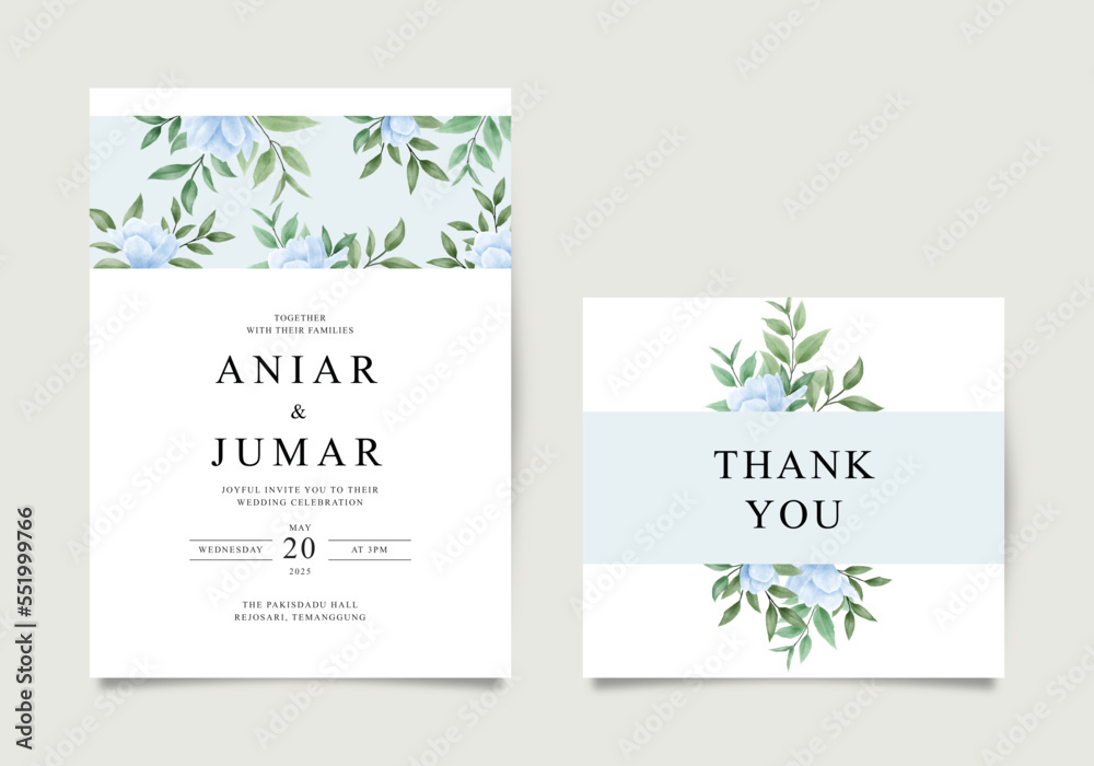 Gorgeous wedding invitation set with blue flowers and green leaves